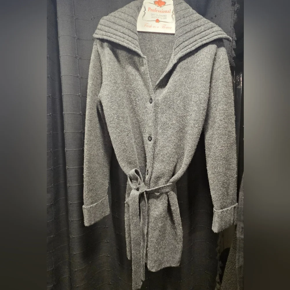 Relativity 100% Lambswool Grey Belted Longline Cardigan Sweater Size M - Picture 4 of 9
